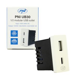 Priza alimentare 2 x USB PNI UB30, USB-A USB-C, 12V/9V/5V, max. 20W, modulara, tip F 1/2, montaj incastrat