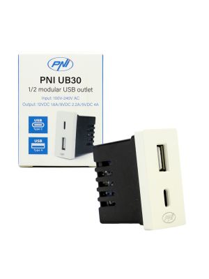 Priza alimentare 2 x USB PNI UB30, USB-A USB-C, 12V/9V/5V, max. 20W, modulara, tip F 1/2, montaj incastrat