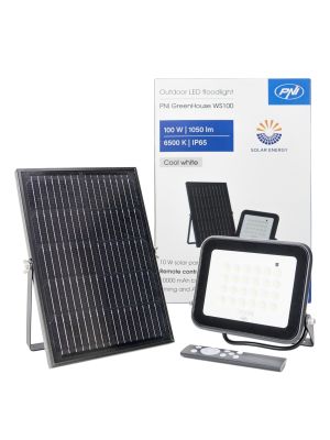 Reflector LED PNI GreenHouse WS100 100W cu panou solar, acumulator 10000mAh, telecomanda, timing si luminozitate reglabi